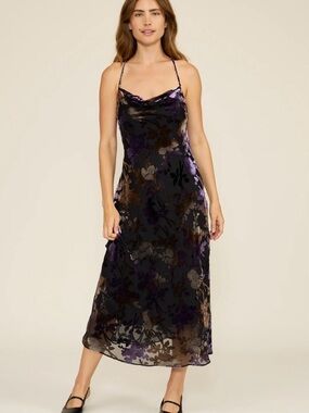 Lucy Paris Black Velvet Floral Slip Dress with Purple & Brown Accents